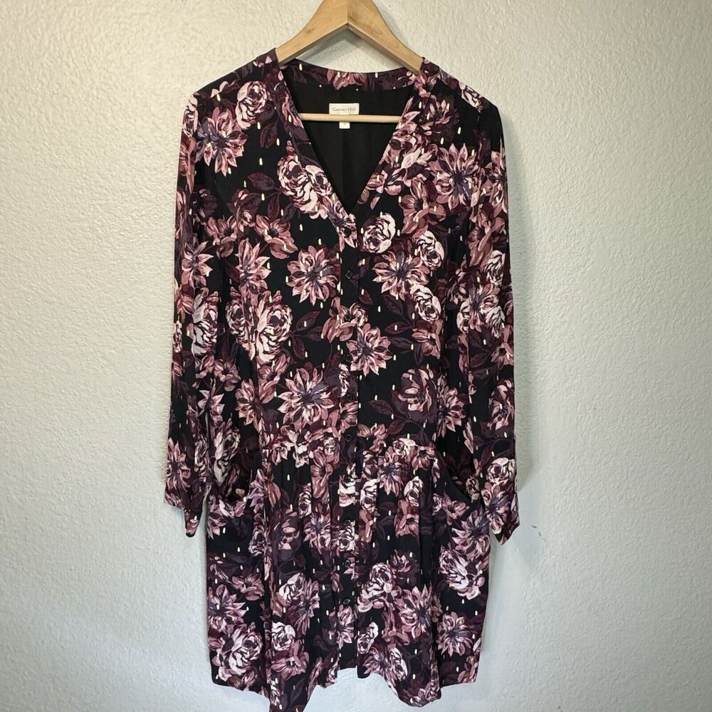 Garnet Hill Dress Women 10 Black Moody Floral Pockets Knee Length Boho Artsy